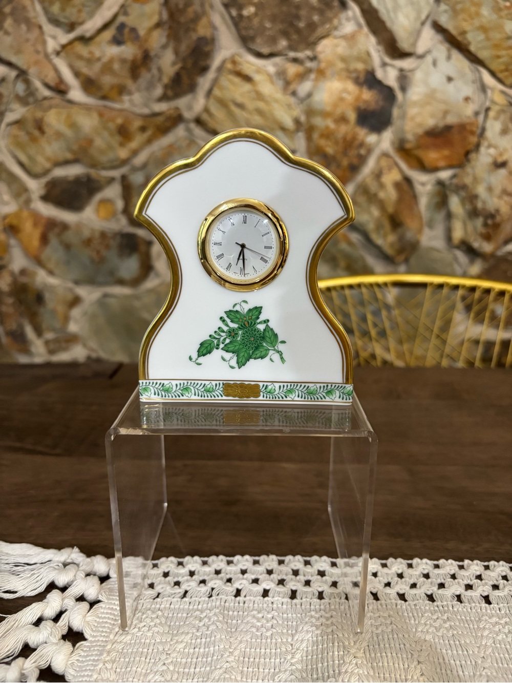 White and Gold Porcelain Mantel Clock with Green Floral Motif